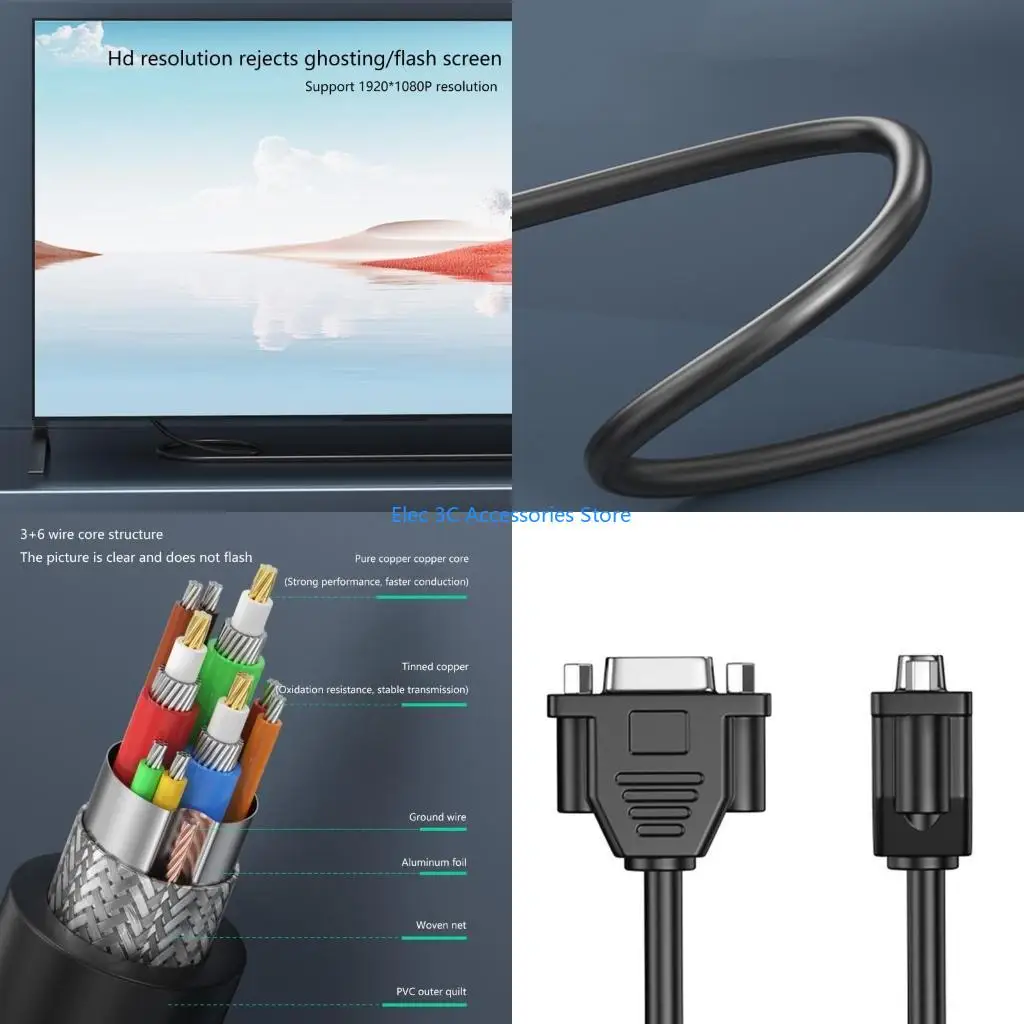 Y51A High Resolution VGA Extension Cord 30cm, 1920x1080P Support for Laptop and Desktop Video Devices Displays Connection
