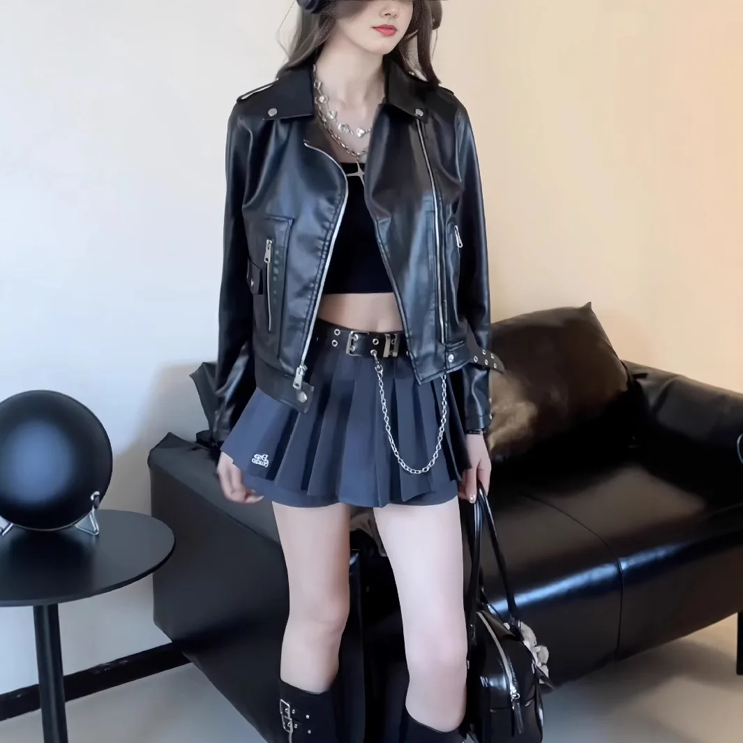 Pu Faux Leather Coats Women Short Jacket Zipper Turn Down Collar Streetwear Vintage Moto Biker Coat Outerwear Female Autumn 2025