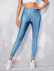 Europe And The United States Wind Blue Glossy Leggings High Waist Solid Color Nine-point Pants High Stretch Waist Tights Women