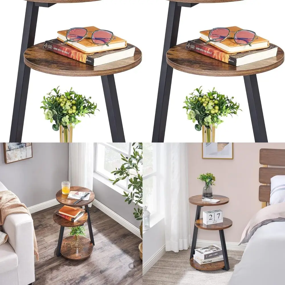 

Metal Frame 3-Tier End Table, Rustic Brown Accent Nightstand with Side Shelves for Living Room and Bedroom KTZ41Z