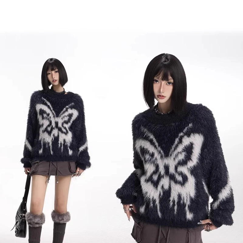 Y2k Hip Hop Street Knitted Sweater American Vintage Butterfly Jacquard Pullover Autumn Harajuku Sweater Women's Top