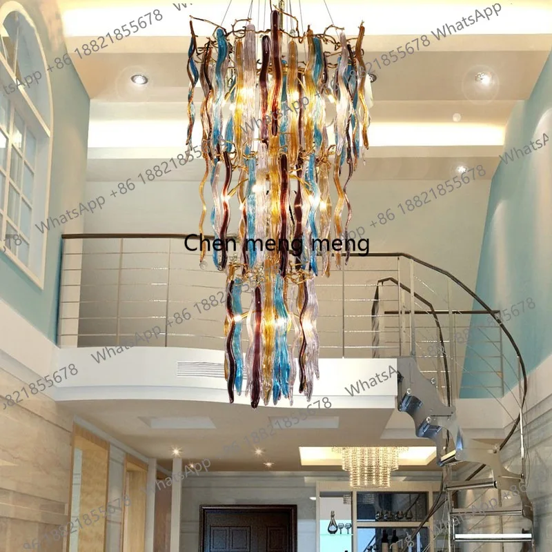 

Duplex staircase long chandelier American all-copper branch crystal lamp hollow living room lamp villa lamp