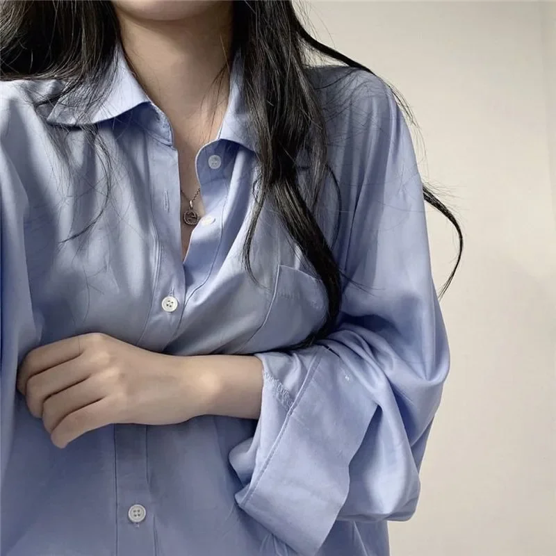 

Loose Shirts for Women Solid Turn-down Collar Long Sleeve New Spring Summer Sun-proof All-match Korean Style College Young Girls