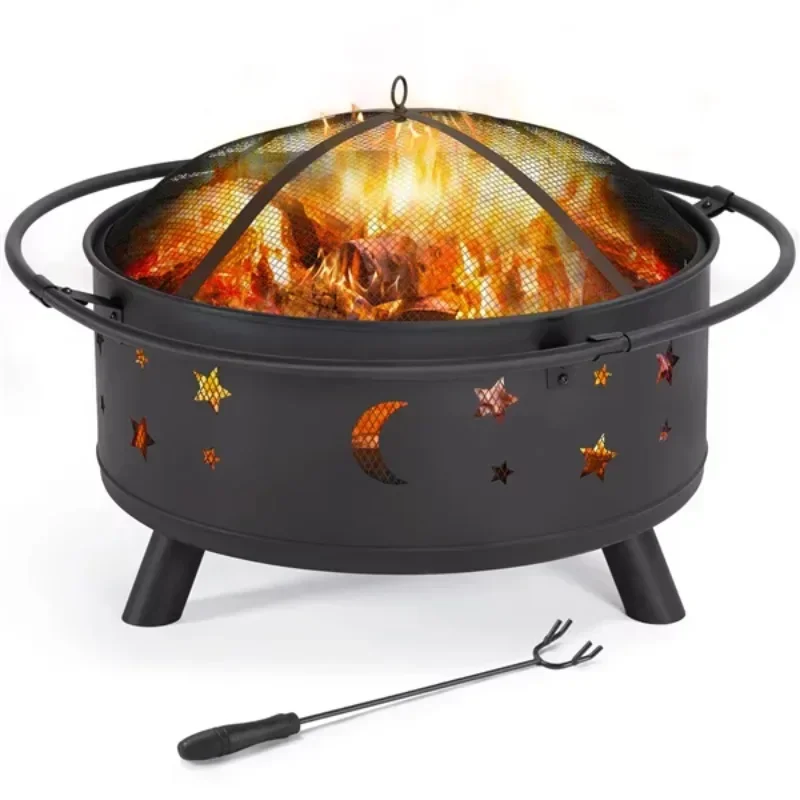 SMILE MART Iron Fire Pit Set Heating Equipment Camping Bowl with Poker Mesh Cover for BBQ Backyard Patio US