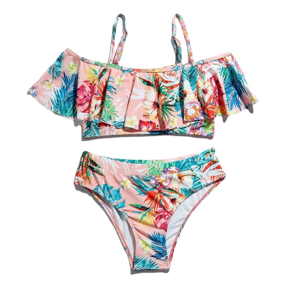 Girls Ruffled Swimsuits Two-Pieces Bathing Suits Floral Bikini Set Beach Dry Swimwear Kids Sunsuit Tankini Suit 7-11T For Kids