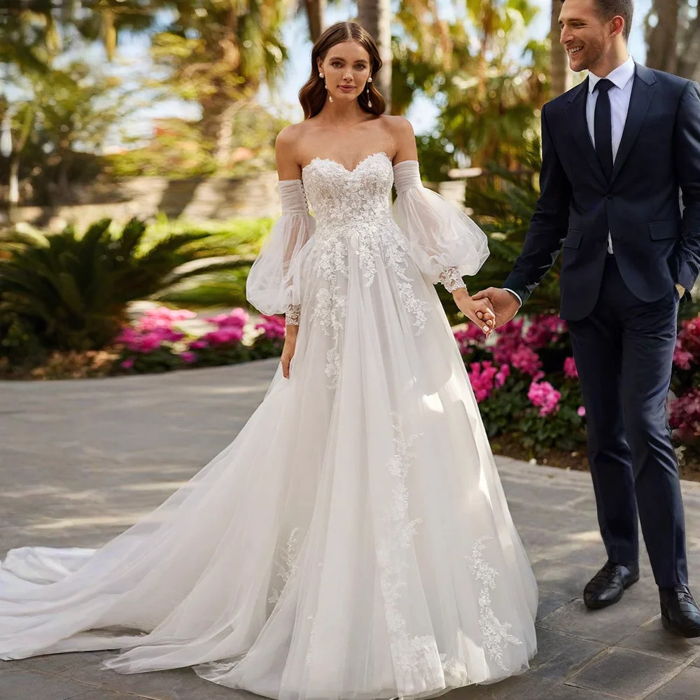 Amazing Sweetheart Ivory Wedding Dresses Appliques  Off Shoulder Detachable Long Sleeve A-Line Bridal Gown Customized