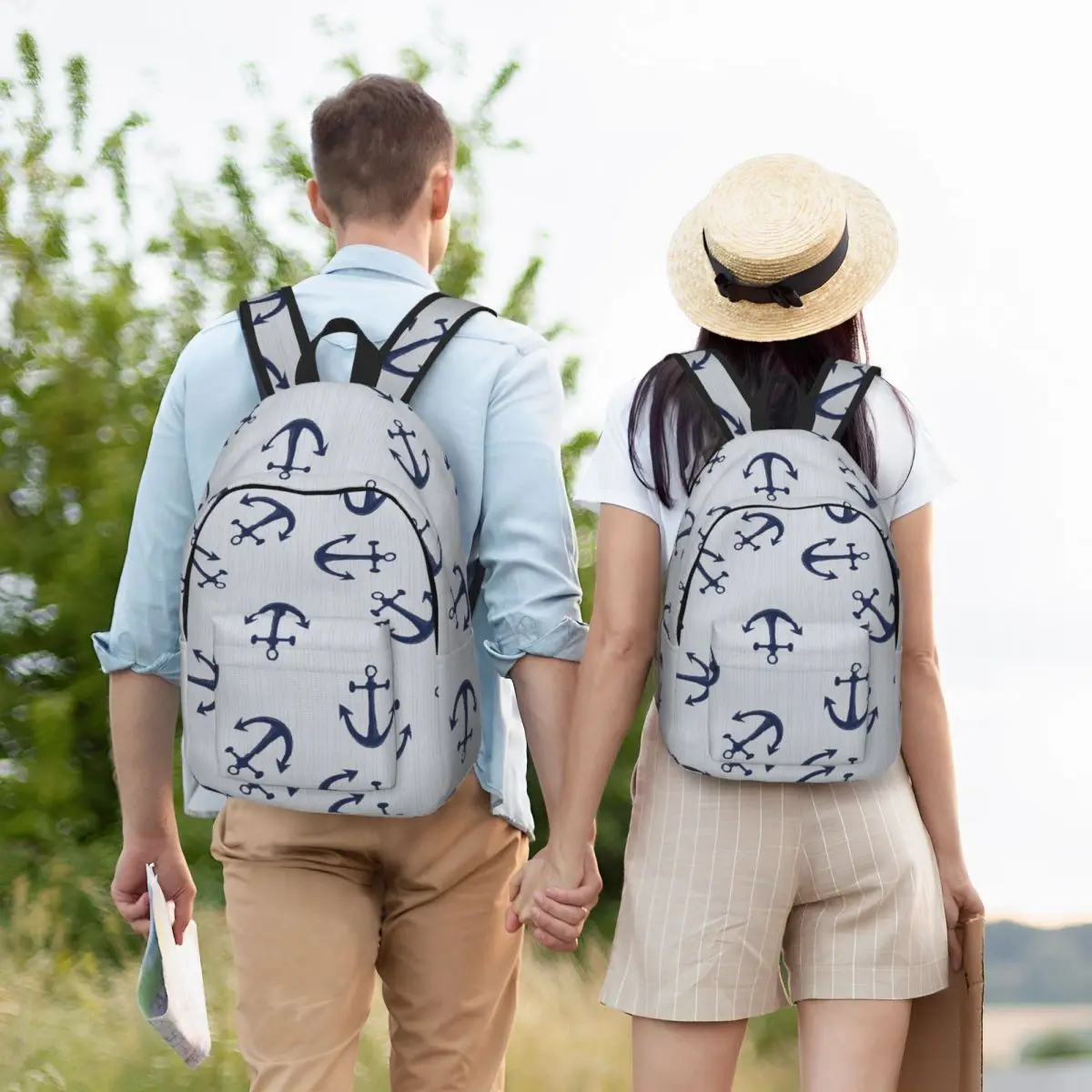 Maritime Pattern Of Blue Anchors On Light Gray Studen Backpack School Bag Hiking Travel Daypack for Unisex Bookbag Shoulder Bags