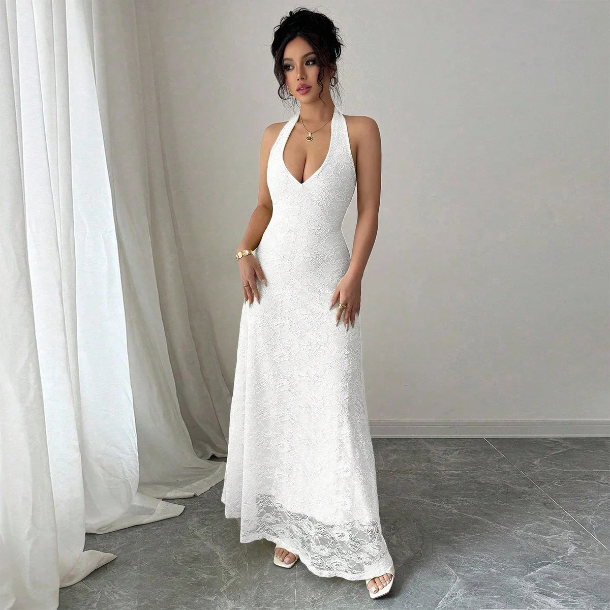 2025 Summer New Temperament Backless Halterneck Strappy Lace Dress For Women Slim Solid Color Temperament Evening Dress Trendy