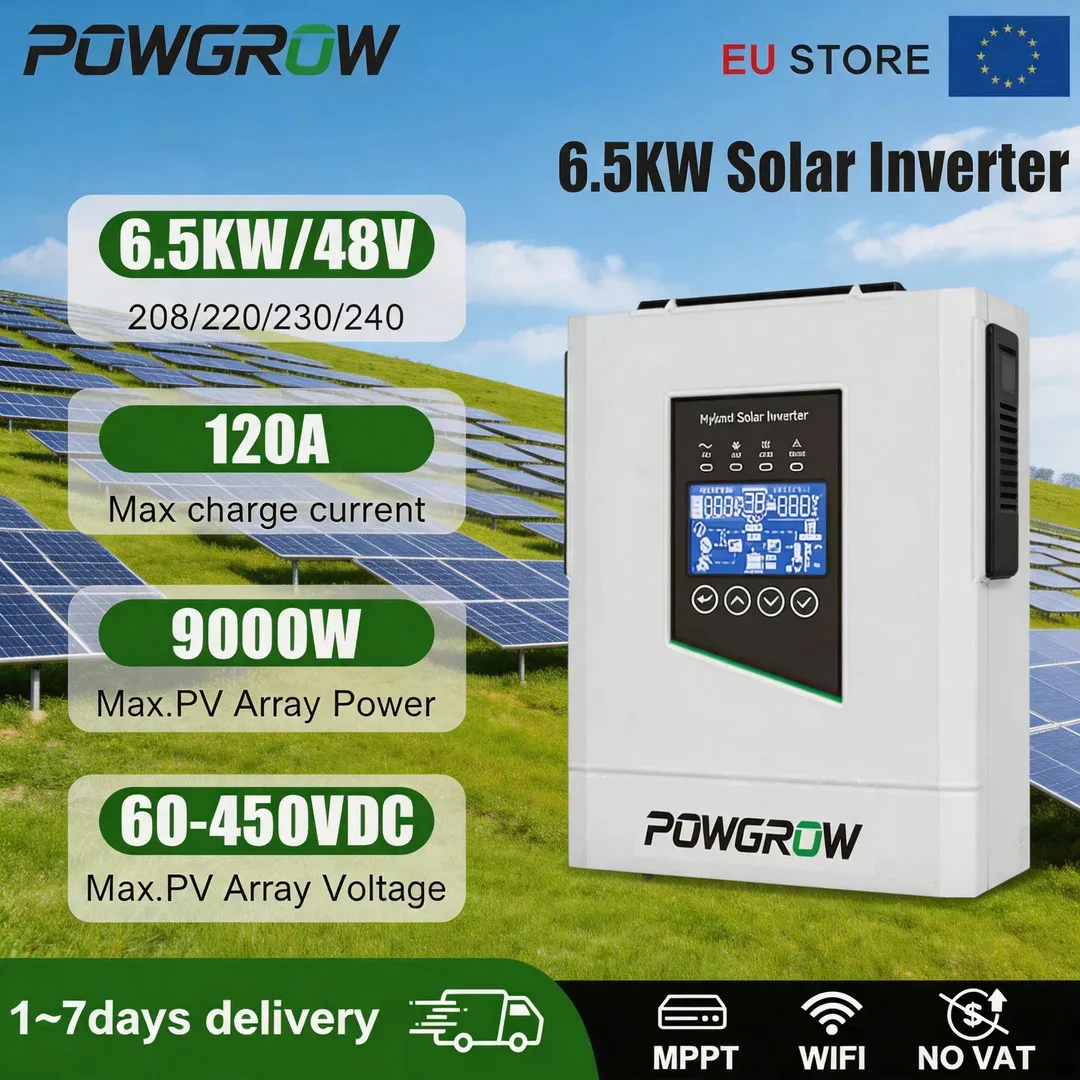 POWGROW 6.5KW 48V 220V Hybride Solar Inverter 120A MPPT Solar Charger Zuivere Sinusgolf Inverter PV 500VDC Met WIFI ZONDER BELASTING EU VOORRAAD