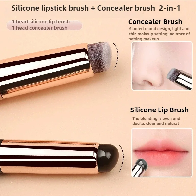 2-in-1 siliconen lippenborstel Concealerborstel Houten handvat Draagbare lippenstift Lippenbalsemapplicator met dop Make-upborstel Schoonheidstools