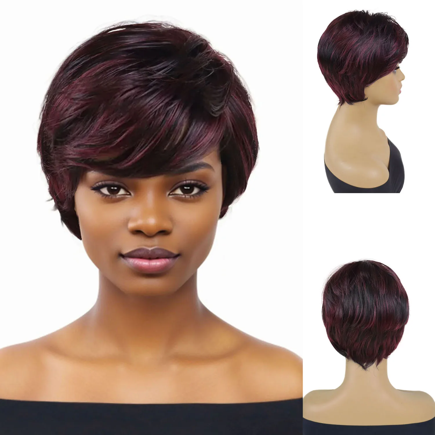 

Синтетические волосы, короткие винно-красные смешанные черные женские парики с челкой, прямые парики с стрижкой пикси для женщин, карнавальный костюм, повседневная вечеринка