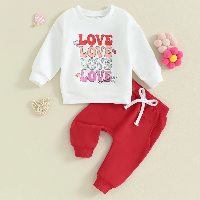 

Adorable 2 Piece Set Heart Print Hoodie and Jogger Pants for Baby Valentine s Day Outfit with Elastic Waistband