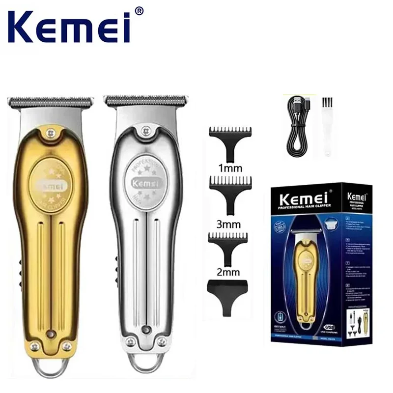 

Kemei KM-679 Wholesale Electric Gold Silver Color Hair Trimmer USB Charging Mini LCD Light Carving Scissors Hair Clipper for Men