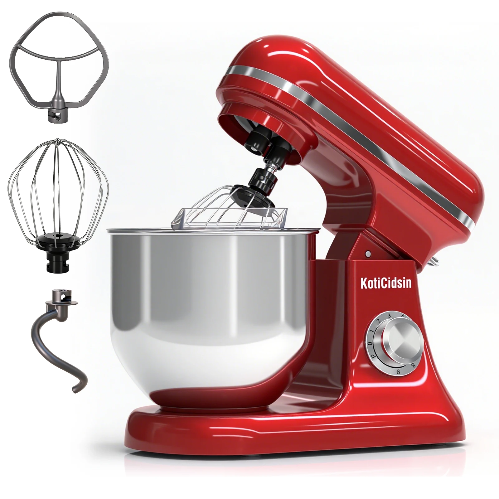 KotiCidsin multifunctionele gebakrobot 2000 W, 9 snelheden, 8 L roestvrijstalen kom, accessoires knead/Fouet/beatsman-Rood