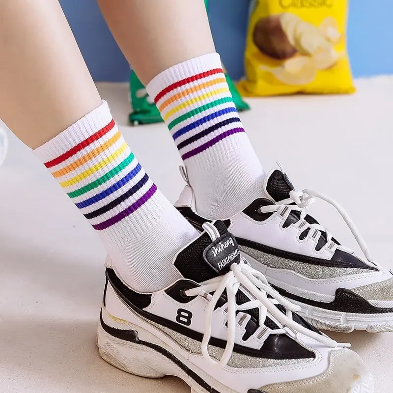 Socks Womens Medium Tube Autumn Ins Trendy Thin Ttriped Rainbow Socks Japanese Cute Candy Color High Top Stocking