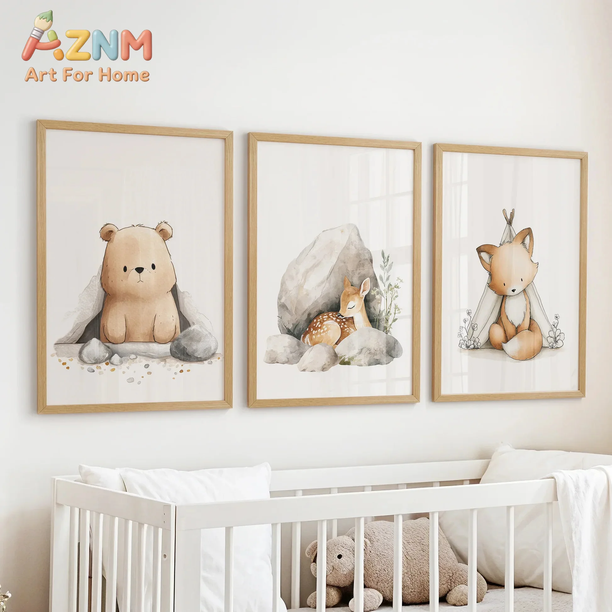 AZNM Woodland Baby Animal Canvas Wall Art Bear Deer Fox Watercolor Neutral Frameless Canvas Painting Nursery Kids Room Home Deco