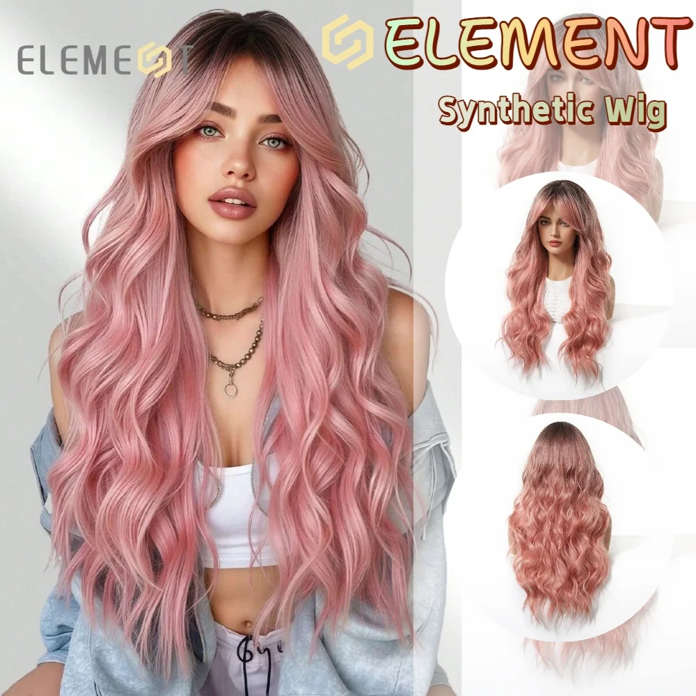 ELEMENT Long Wavy Synthetic Black Brown to Pink Ombre Wig with Curtain Bangs for Women Heat Resistant Hair for Daily Party Use