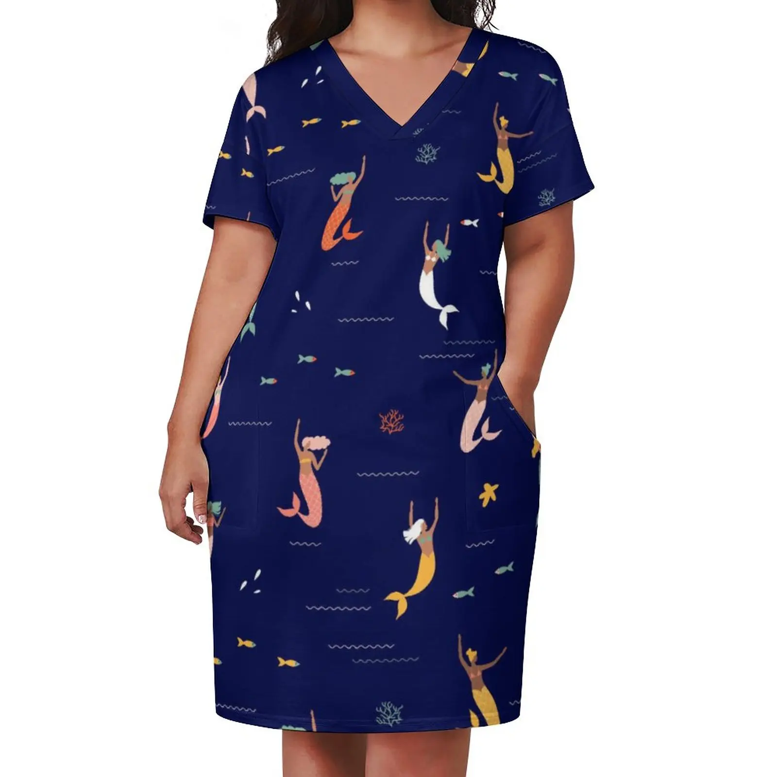 

Cartoon Mermaid Dress V Neck Mermaids Playing In The Sea Aesthetic Dresses Kawaii Casual Dress Female Design Big Size Clothing