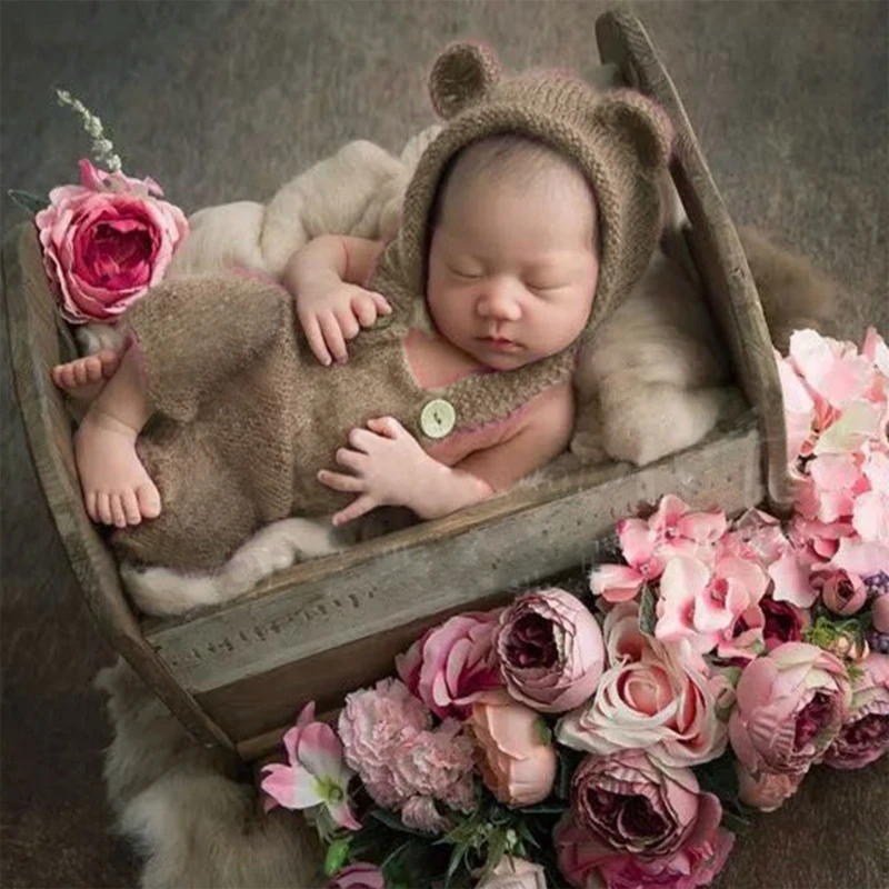 A2UB-Barboteuse avec chapeau et ours pour nouveau-né garçon et fille, accessoires de photographie