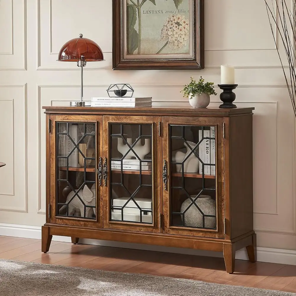 Mid Century Modern 48 Cherry Wood Buffet Cabinet with Glass Doors and Storage for Living Room, Kitchen, and Entryway