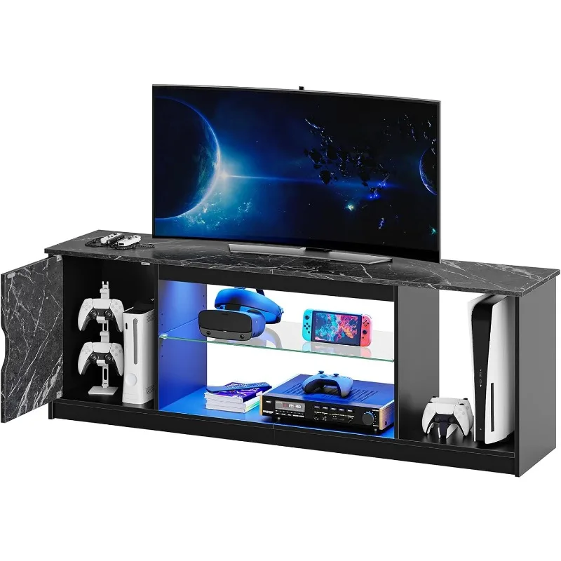 Led Entertainment Center for PS5, Gaming TV Stand with Cabinet for 60/65 Inch TV, Modern TV Console with Adjustable Glass Shelf