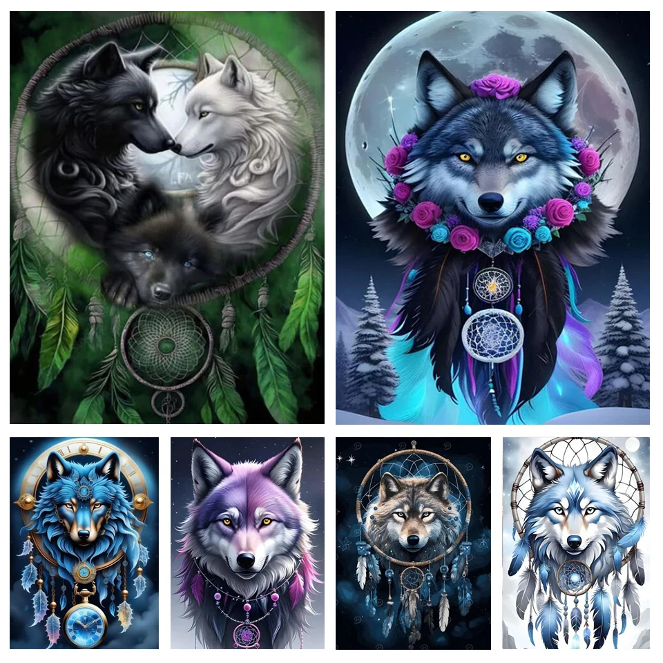 Wolf Feather Moon 5d Diy Diamond Painting Full Round Square Colordul Dream Catcher Diamond Mosaic Embroidery New 2024 Home Decor