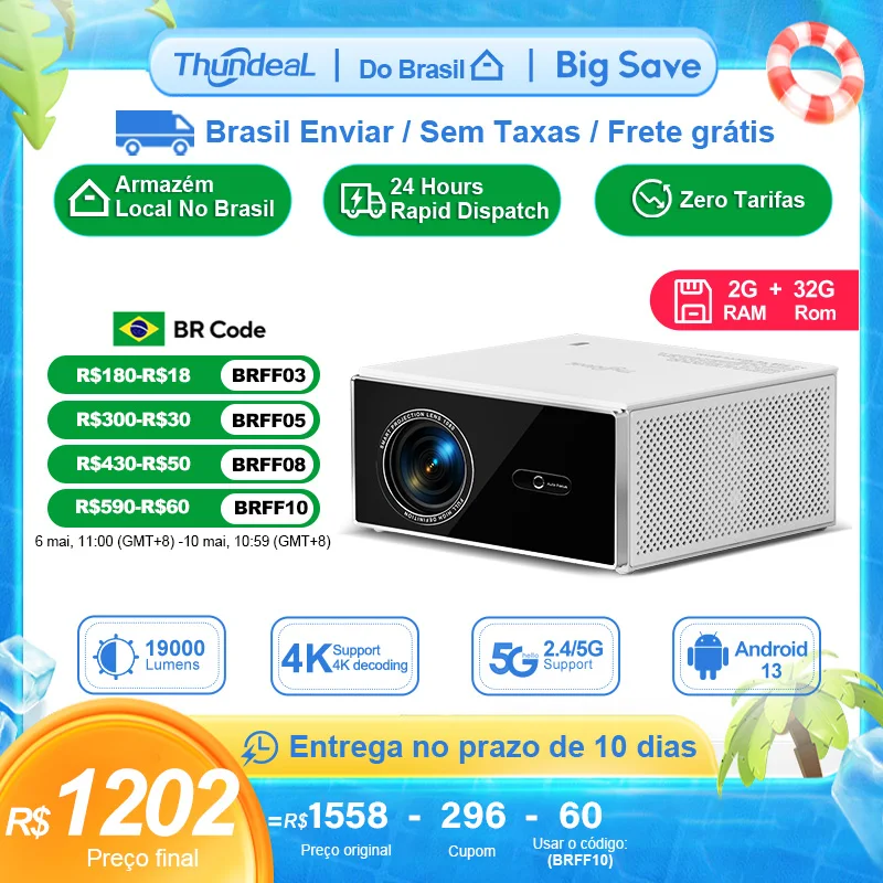 ThundeaL TDA7W Full HD 1080P Projetor Android 13 WiFi6 2G 32G Projetor 4k Vídeo TDA7 Controle de Voz 3D Smart Home Theater de casa Beamer projetor 4k portátil projetor