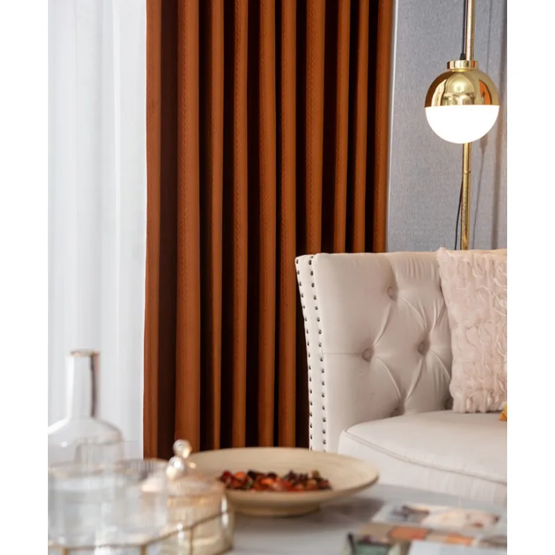 Light Luxury Retro Pumpkin Orange Wheat Grain Textured Velvet Nordic Curtains Living Room Bedroom Balcony Blackout Curtains