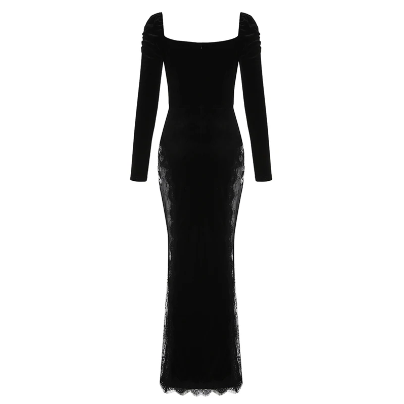 MSMUSI 2024 New Fashion Women Sexy Lace Mesh Hollow Out manica lunga Bodycon Party Club Event Slim Velvet Maxi Dress abito lungo