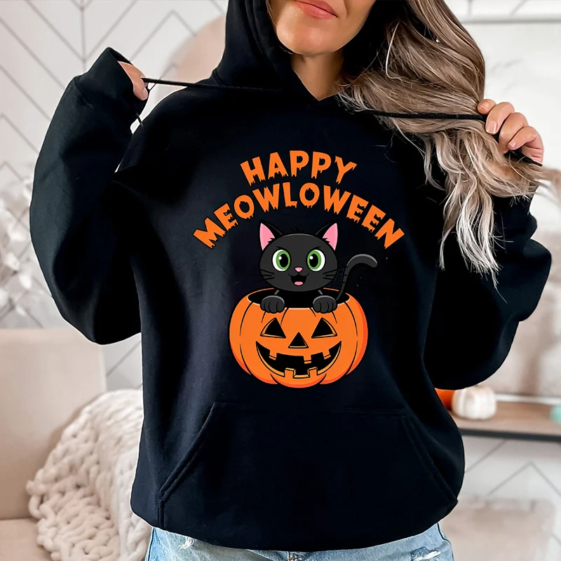 

Осенне-зимние женские толстовки Happy Meowloween с принтом, флисовая толстовка, свободные топы