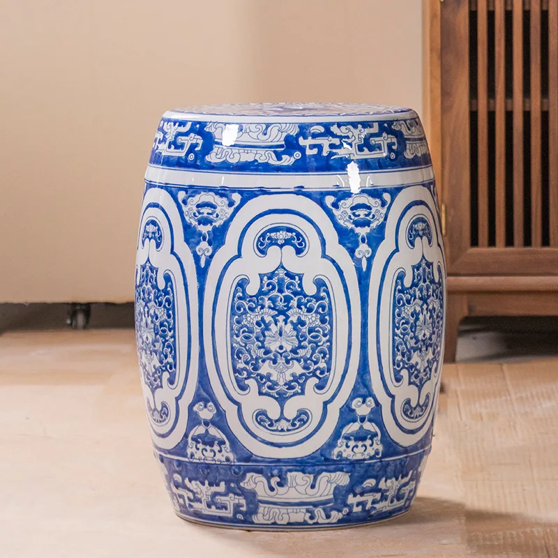 

Blue and white ceramic drum stool tea room stool, retro style blue and white porcelain shoe changing stool, living room study