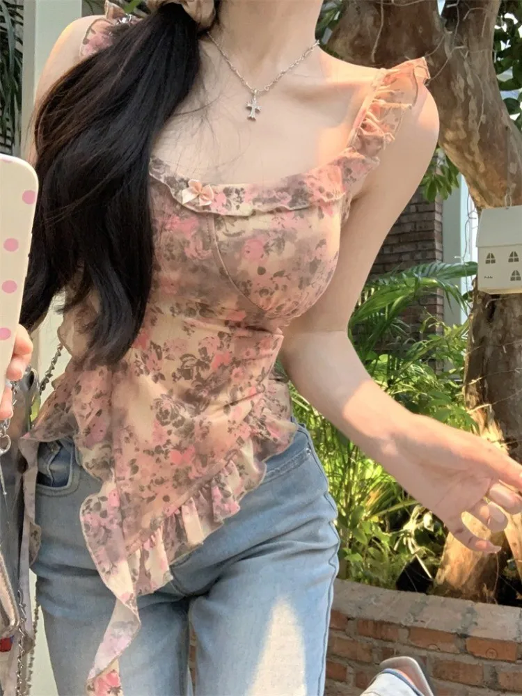 

Thai Rose Floral Vacation Style Strap Vest Women's Spring Summer Uneven Waist Cinching Sleeveless Top with Sash Commute Style