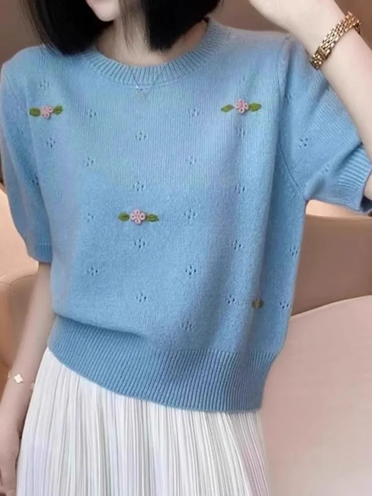 

Свободный крой, вязаный топ из ледяного шелка с круглым вырезом и открытыми плечами, летняя модная женская блузка в корейском стиле, удобная