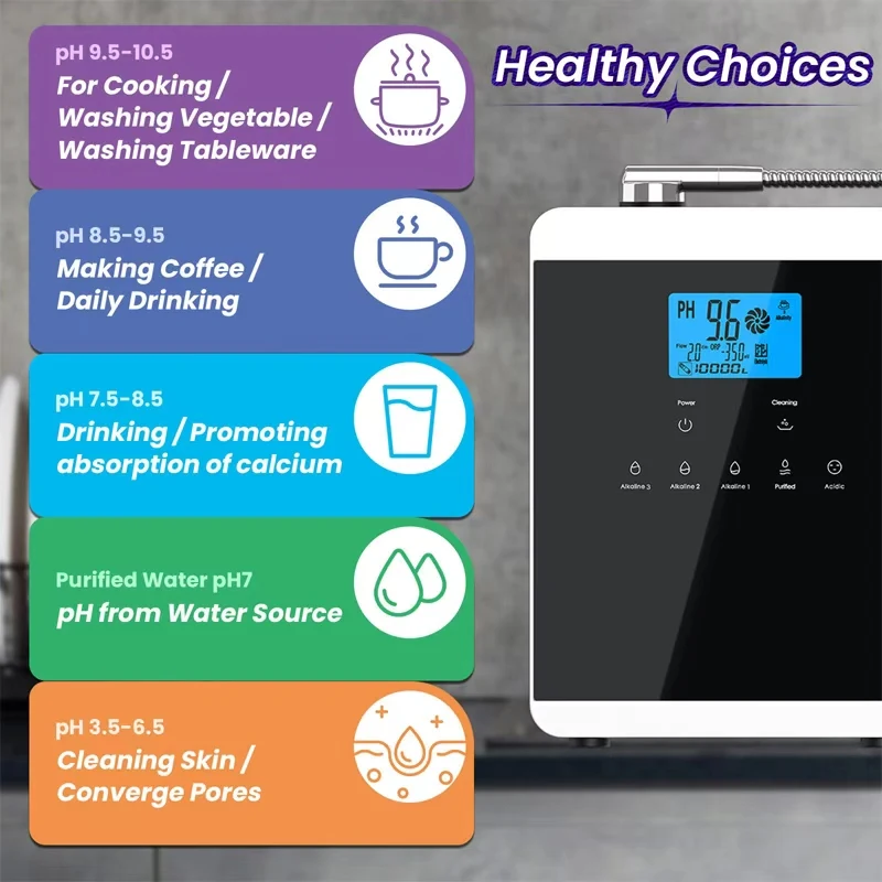 Kangen القلوية آلة المؤين المياه مولد الهيدروجين الحمض القلوي تصفية المياه التنظيف التلقائي LCD اللمس pH 3.2-10.7 ORP-650
