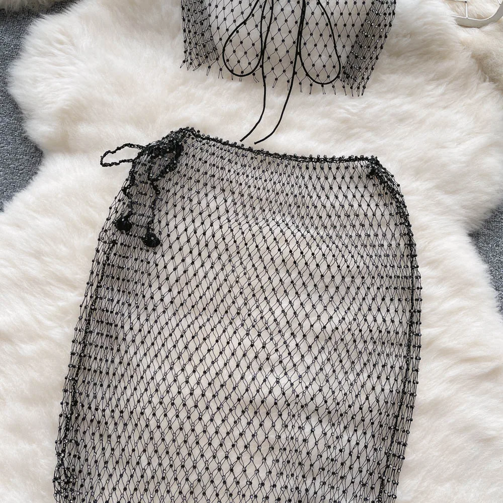 ผู้หญิง 2 ชิ้นชุดเซ็กซี่ Glitter Diamond Crop Tank Tops + กระโปรงมินิ Carnival Rave Party Club ชุด Ropa เทศกาล Mujer