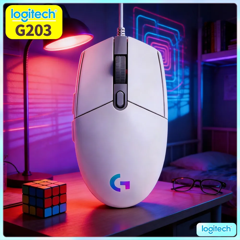 Logitech G203 Wired Gaming Mouse Diverse RGB Settings Ergonomic Contour Anti‑Slip Pads Adjustable DPI USB Desktop