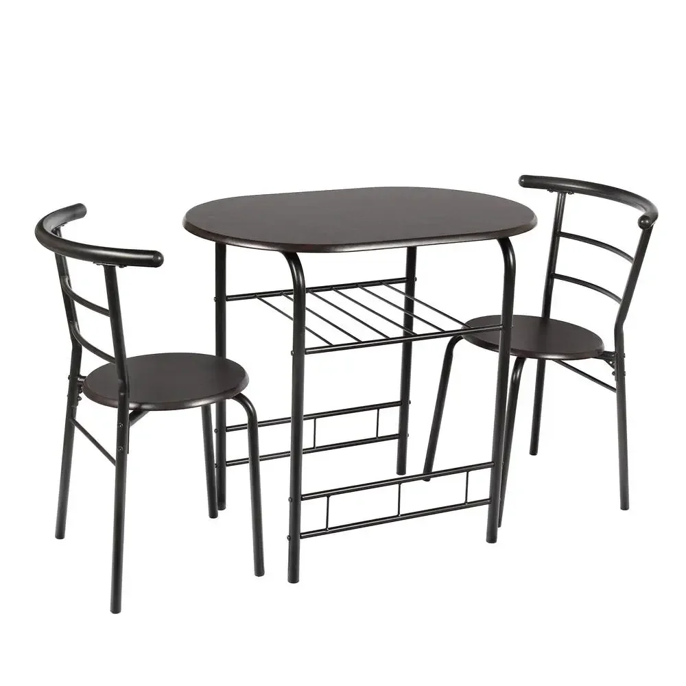 3-Piece Black Espresso Metal Wood Dining Set with Storage Contemporary Bistro Table with 2 Chairs Indoor Simplify Lifestyle