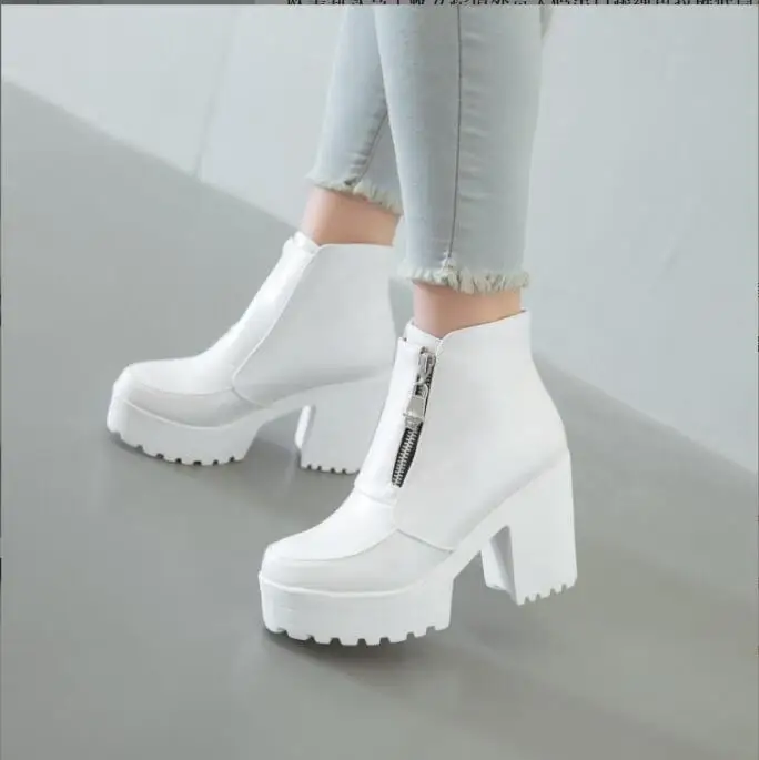 

Fashion Black White Platform Ankle Boots for Women High Heels Boots Classic Zip Autumn Winter Boots Woman Boots Shoes Large size