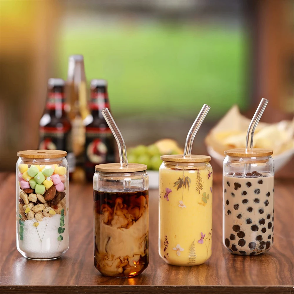 1/4/6pcs Set Glass Cup With Lid and Straw Juice Glass Beer Can Milk Mocha Cup Transparent Bubble Tea Cup High Borosilicate Glass