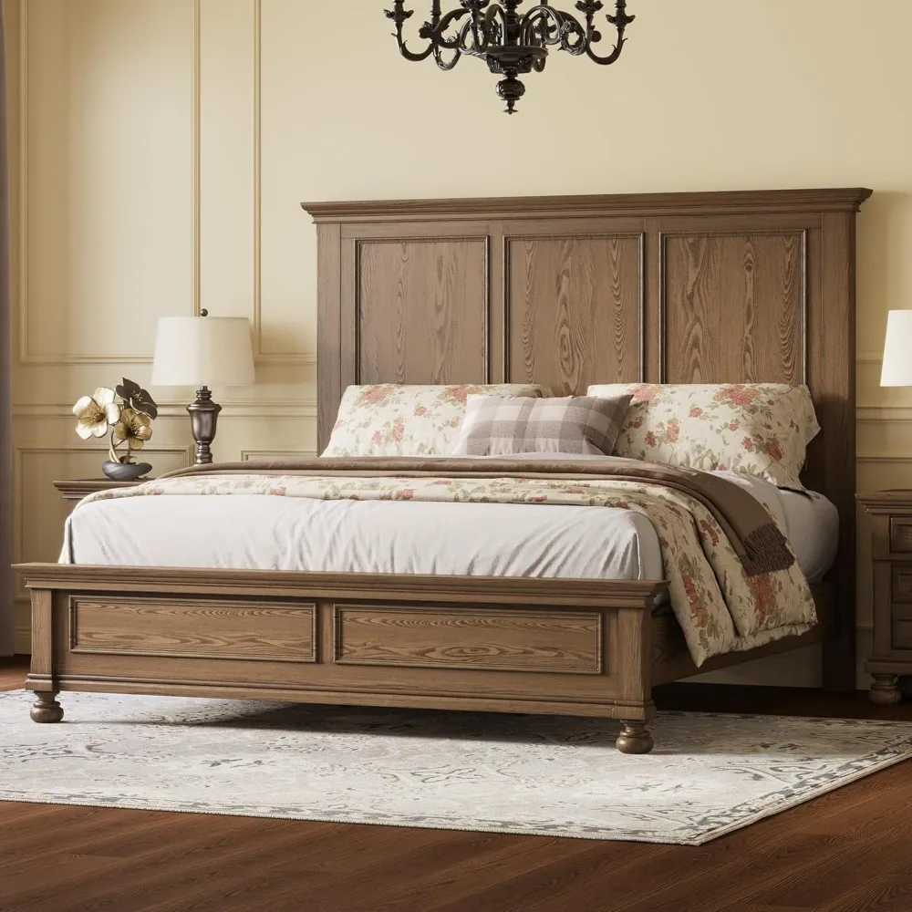 

Solid Wood King Bed Frame with 65.2 High Headboard, Traditional Platform Bed with Heavy Duty Slats, No Box Spring Neede