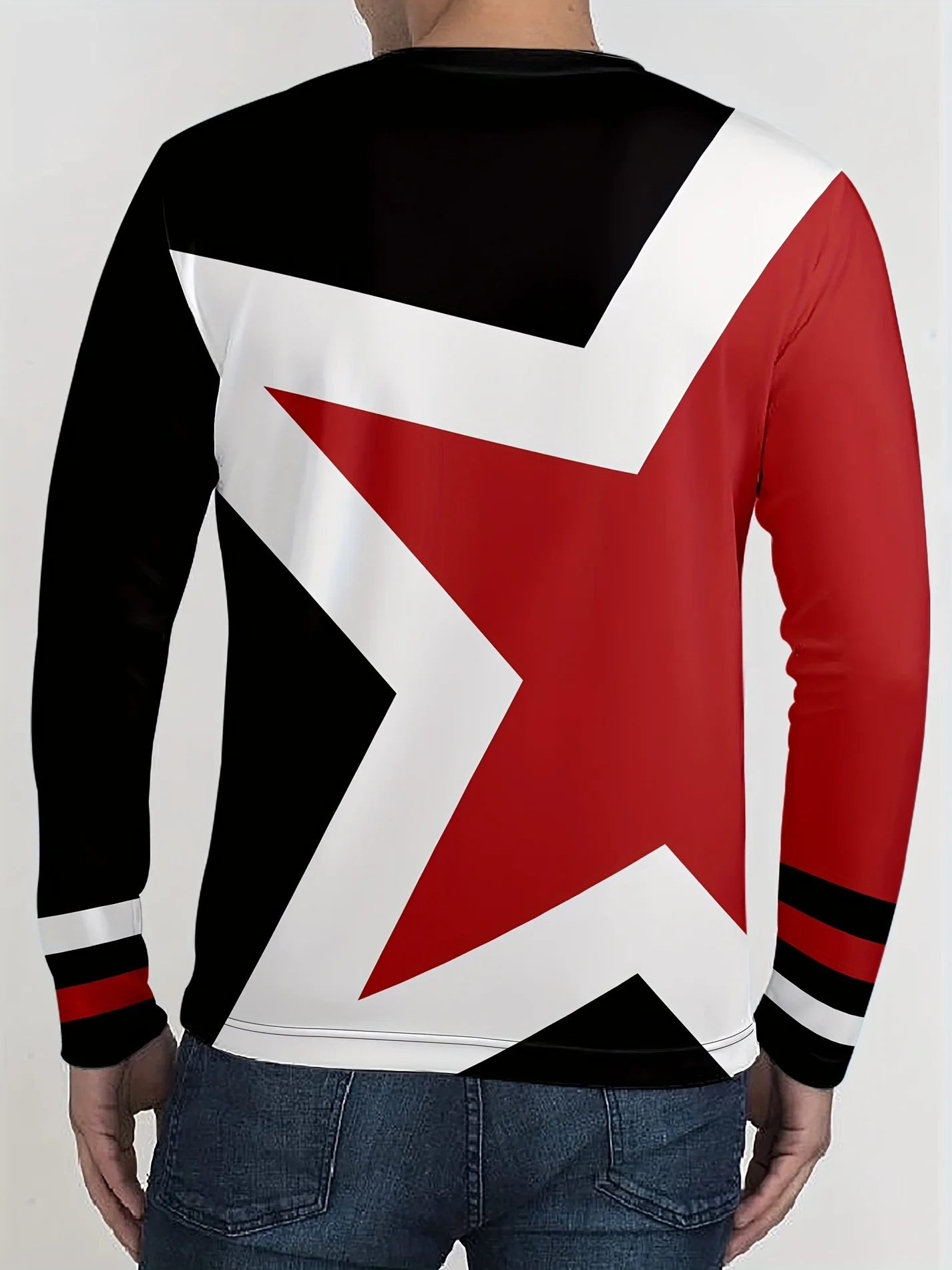أزياء رياضية للرجال، تي شيرت بأكمام طويلة ونجمة ملونة ونمط مخطط وياقة دائرية وأكمام طويلة، قمصان ترفيهية للربيع والخريف