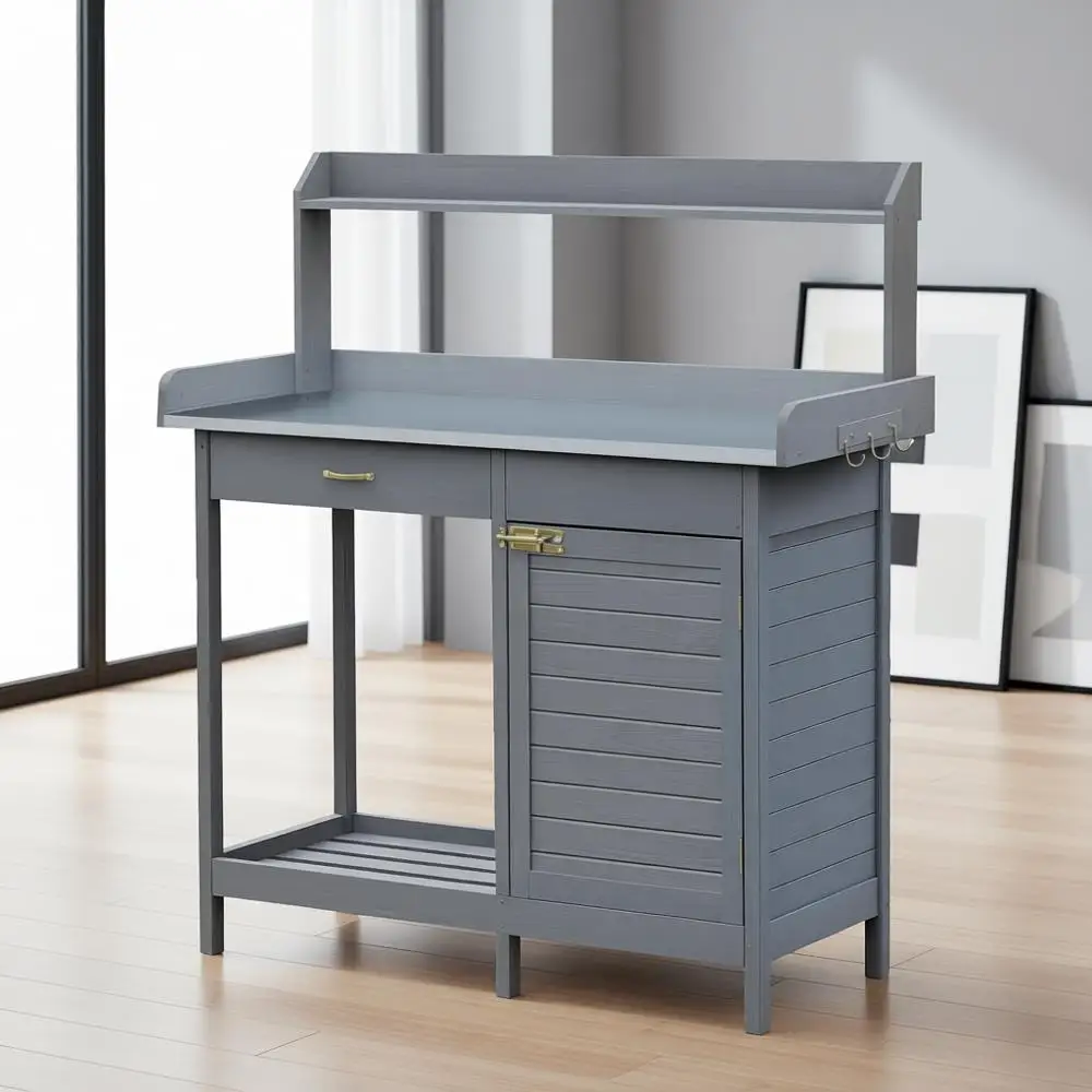 

Potting Bench Table, Garden Work Station with Storage Cabinet, Open Shelf and Tabletop, Gray
