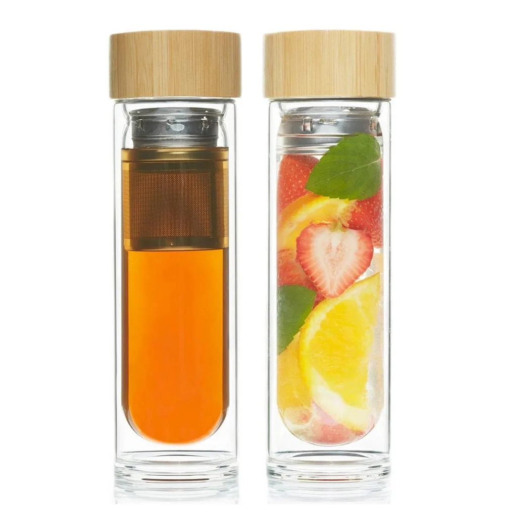 Tea Infuser Bottle Double Wall Glass Water Bottle Borosilicate Glass Travel Tumbler with Bamboo Lid Portable Travel Mug