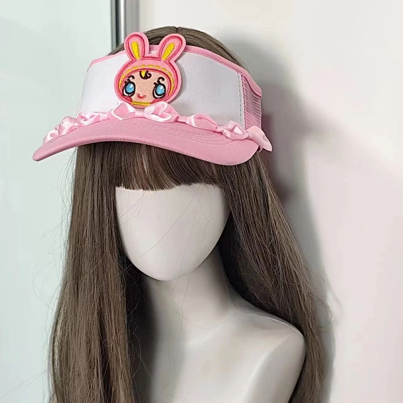 Original Lolita Kawaii Creme Rosa Spitze Hase Kaninchen Ohr Schleife Landmine Y2k Subkultur Leere Kappe
