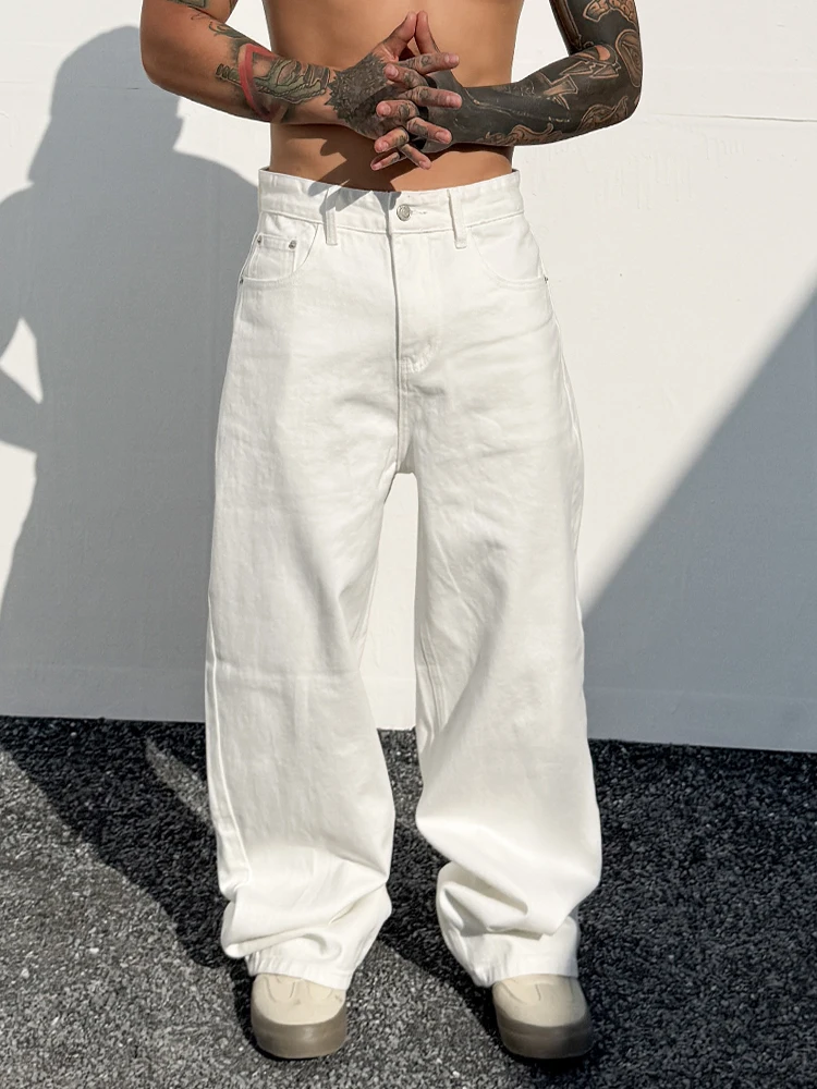 

Модные мужские джинсы с высокой талией, широкими штанинами, эффектом похудения, повседневные, белые, прямого кроя, свободные, для подростков