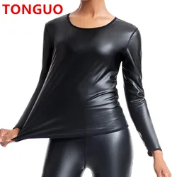 TONGGUO Women Faux Leather Long Sleeve Shirt Lady Motorcycle Leather Shirts Black Tops Girl Sexy Leather Nightclub Styles Tshirt