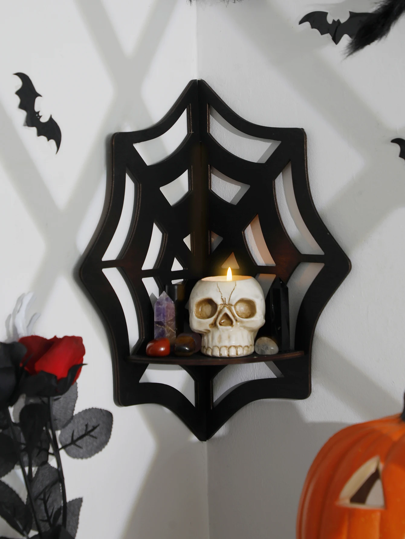 

Spider Web Floating Corner Shelf Gothic Halloween Decoration Wall Hanging Shelf Crystal Display Shelf Kitchen Home Wall Decor