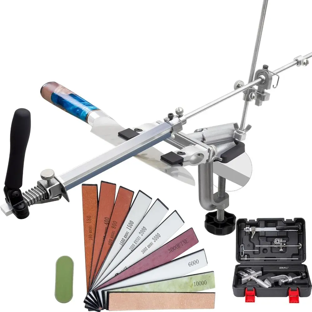 

Набор для заточки ножей с фиксированным углом, 360° ° Поворотный механизм, улучшенный фиксированный угол и регулируемый зажим для ножей, набор для полировки из 9 камней+