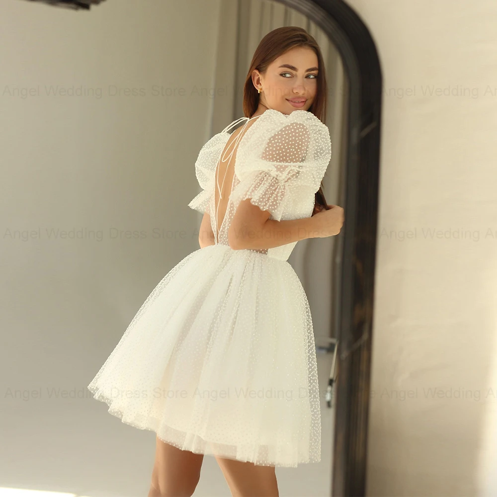 ANGEL Short Mini Backless Customized Wedding Dress For Women Elegant V-Neck Bride Party Simple Tulle A-line Vestido De Novia