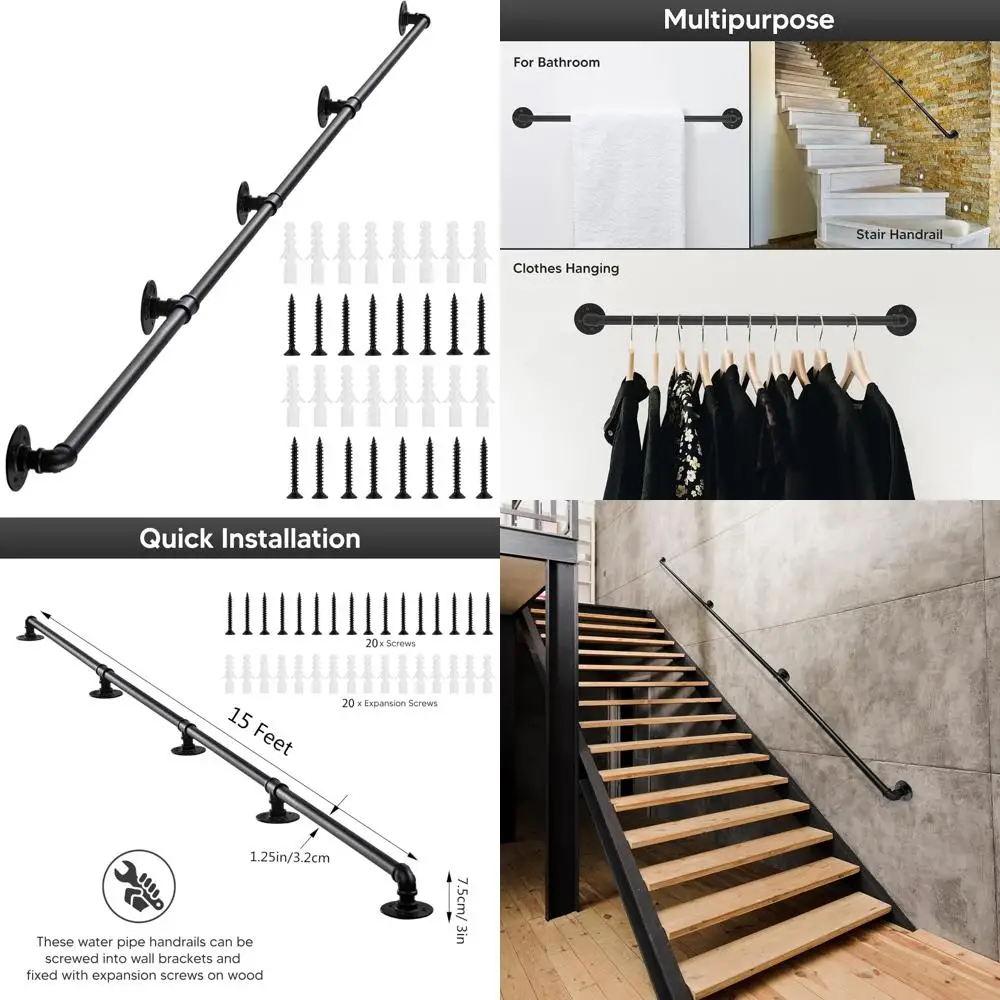 درابزين معدني لأنابيب الحديد الصناعية للسلالم الداخلية - قضيب إمساك غير قابل للانزلاق على الحائط بطول 15 قدمًا - مقبض آمن لسطح الشرفة على الدرج #1